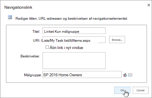 Egenskaber for navigationslink med OK fremhævet.