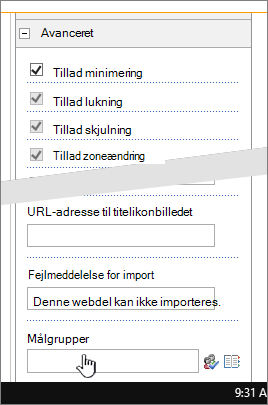 Avanceret afsnit under egenskaber for webdel med målgruppen fremhævet