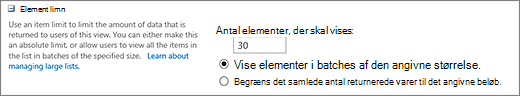 Angiv antallet af elementer, der skal vises på siden Vis indstillinger