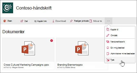 Vælg en fil, klik på ellipserne i den øverste bjælke, og vælg Tjek ud