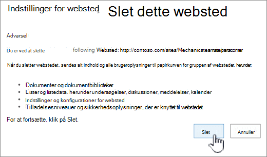 Klik på Slet, hvis du er sikker på, at du vil slette det underordnede websted
