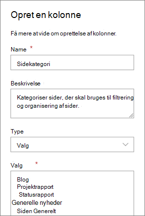 Eksempel på konfiguration af en kolonne med valg af kategori til blogge