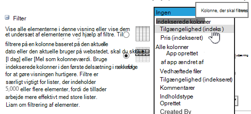 Vælg et indekseret felt i SharePoint Online