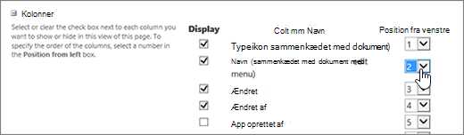 Skift kollonnerækkefølge i dialogboksen Rediger visning