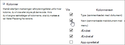 Dialogboksen Kolonnevælger