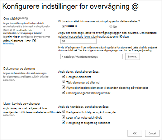 Skærm med overvågningsindstillinger for gruppe af websteder