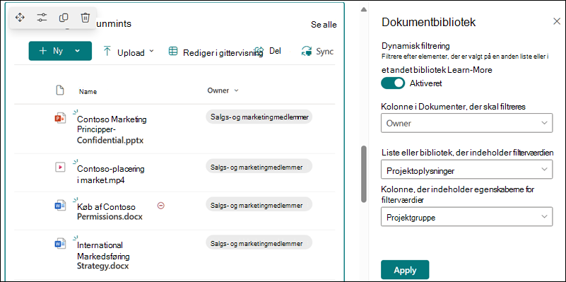 Dokumentbibliotek med åben rude til dynamiske filtreringsindstillinger