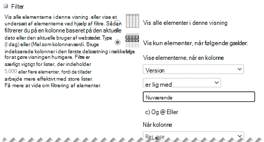 Under Rediger indstillinger skal du definere de filtre, du vil bruge til din visning.
