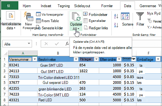Excel-regneark med importeret liste og knappen Opdater alt fremhævet.