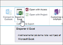 Knappen Eksportér til Excel på båndet i SharePoint fremhævet
