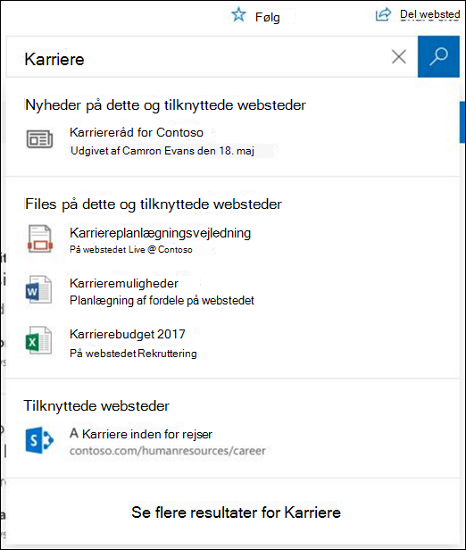 Søgeresultater på et SharePoint-hubwebsted