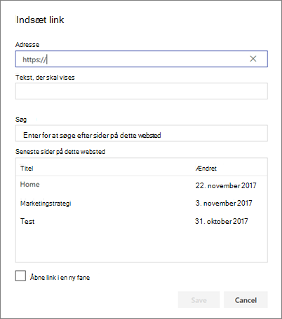 Dialogboksen Indsæt link