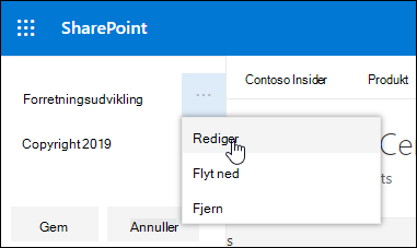 Rediger eksisterende link eller etiket i en sidefod på et SharePoint-kommunikationswebsted.