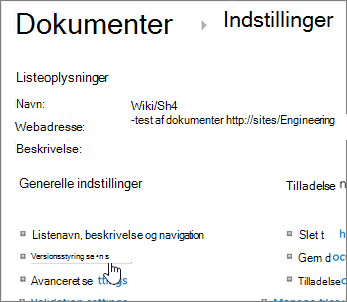 Dialogboksen Indstillinger for bibliotek med Versionsstyring markeret.