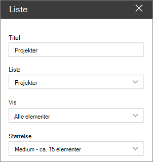 Indstillinger for webdel til liste
