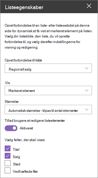 Webdelsruden Listeegenskaber