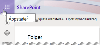 Appstartersymbolet består af ni små firkantede prikker, der er placeret i nærheden af øverste højre hjørne af SharePoint-appvinduet.