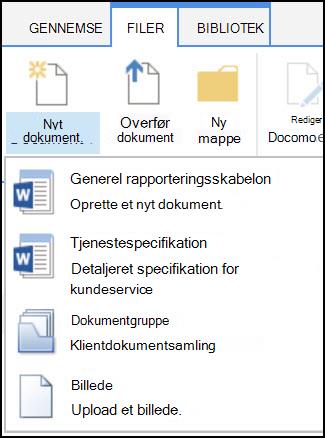 Menuen Nyt dokument med brugerdefinerede indholdstyper i SharePoint