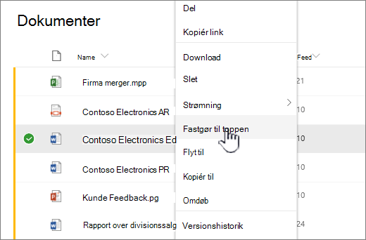 Fastgør øverst i menuen Filer
