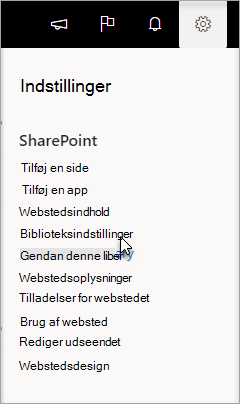 Menuen Indstillinger med Indstillinger for bibliotek valgt