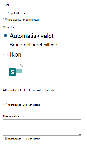 Indstillinger for et individuelt hurtigt link