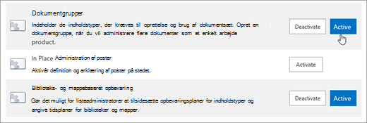 Eksempler på funktioner for grupper af websteder, som du kan gøre aktive i SharePoint