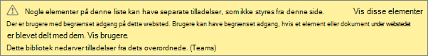 Billede, der viser meddelelse om separate tilladelser for en liste eller et bibliotek
