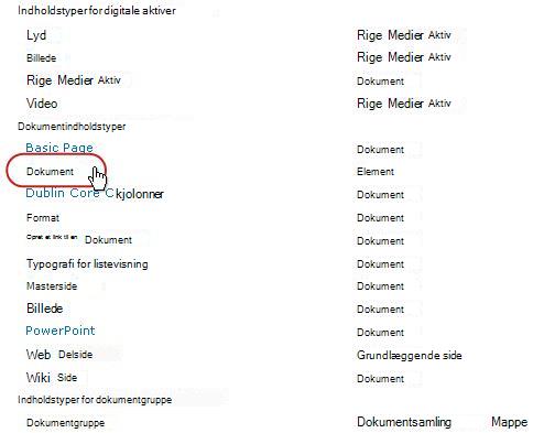 Dokumentindholdstyper med type fremhævet