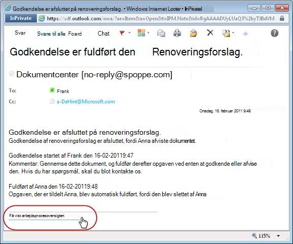 Meddelelse om fuldførelse af arbejdsproces med link til oversigt fremhævet