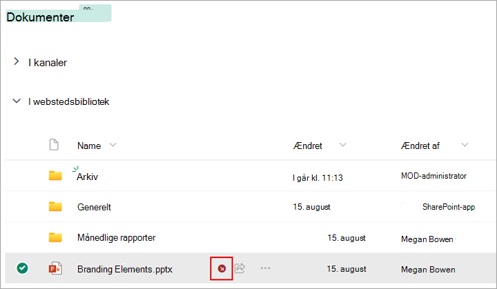 Der vises et symbol ud for den fil, du har tjekket ud.