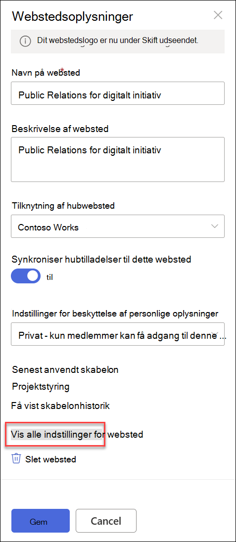 Dialogboksen Webstedsoplysninger.