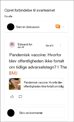 Billede af Yammer-webdelen med et eksempel på en samtale.