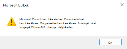 Fejlmeddelelse angiver, at Outlook ikke kan startes