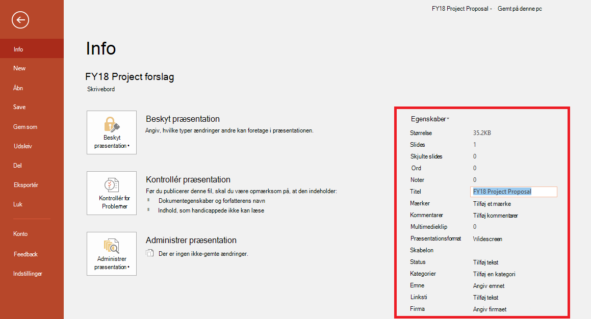 Dokumentegenskaber til Office – fil > Infopanel
