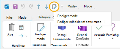 Knappen Rediger møde Værktøjslinjen Hurtig adgang i Outlook