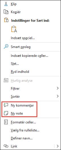 Billede af genvejsmenuen i højrekliksgenvejsmenuen i Excel