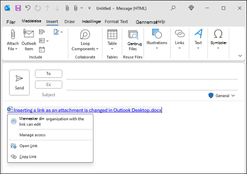 Indsæt link, ny oplevelse i Outlook