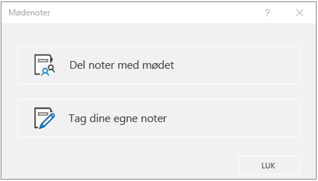 Dialogboksen Mødenoter i OneNote