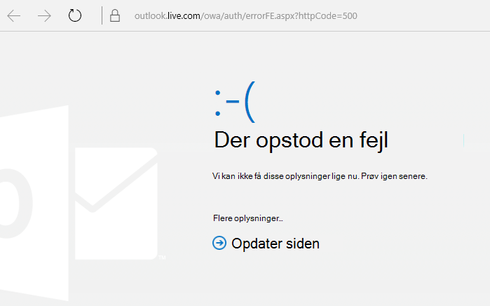 Outlook.com Noget gik galt, fejlkode 500