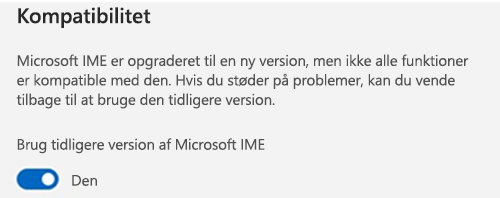 Skærmbillede af microsoft IME-kompatibilitetssektion