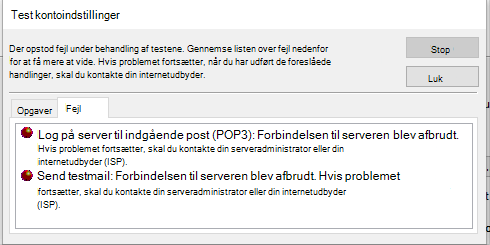 Skærmbillede af vinduet Test kontoindstillinger Fanen Fejl – POP3