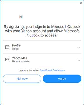 Konfigurationsskærmbillede fire til Yahoo Outlook – accepter Yahoo-vilkår