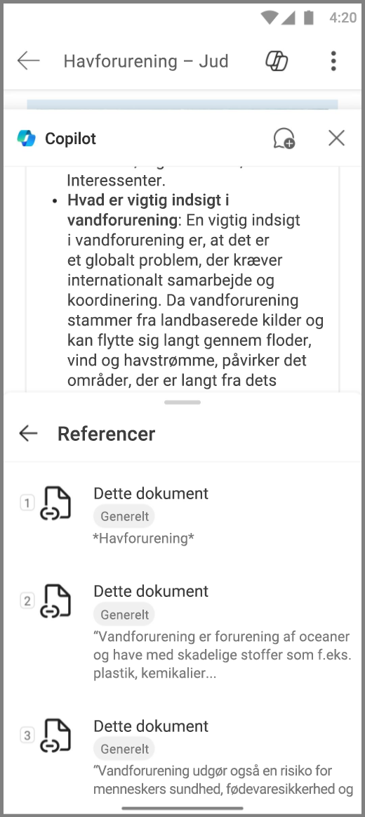 Skærmbillede af Copilot i Word på Android-enhed med referencer til Copilots-svar
