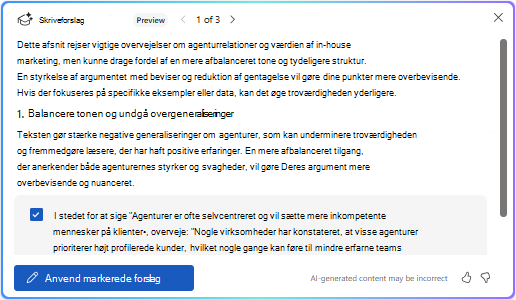 Indstillingen Anvend valgte forslag i Copilot i Word
