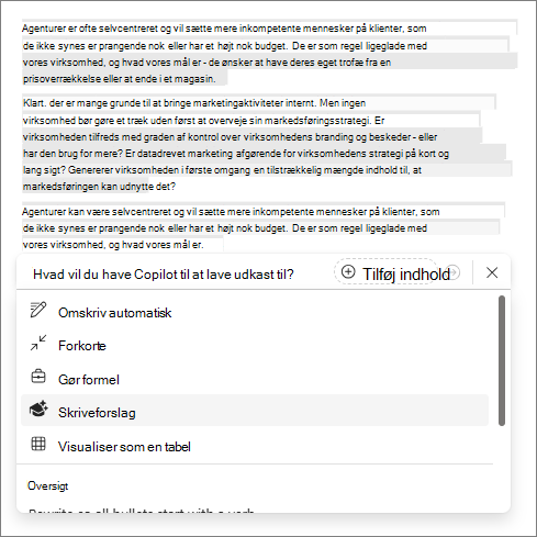 Indstillingen Skriveforslag i Copilot i Word