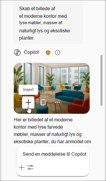 Viser en Copilot-prompt til et billede af et moderne kontor med farvede møbler, naturligt lys og planter efterfulgt af fire billeder.