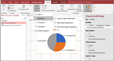 Access-formular i designvisning med et cirkeldiagram og ruden Diagramindstillinger