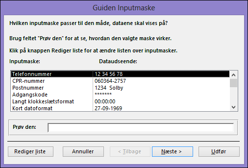 Guiden Inputmaske i Access-skrivebordsdatabase
