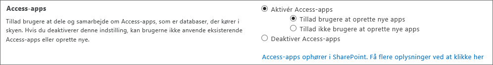Skærmbillede af Access-appindstillinger på siden SharePoint Administration