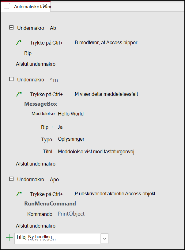 Tre undermakroer i en Access-makro kaldet AutoKeys